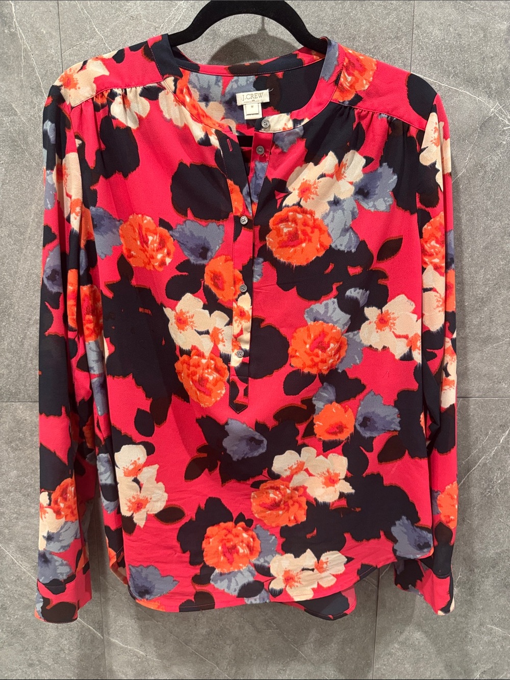 J. Crew Coral Deep Pink Floral Henley Blouse